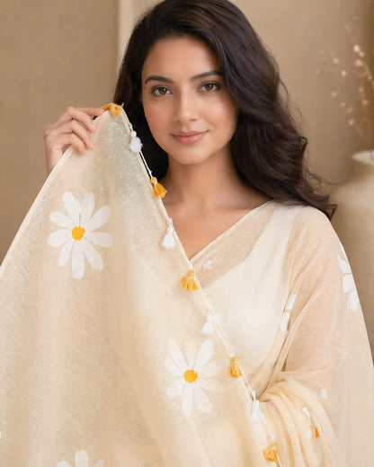 BEIGE FLORAL HAND PAINTED MUL COTTON SAREE