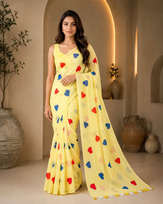PASTAL YELLOW HEART MUL COTTON SAREE