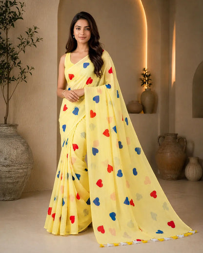 PASTAL YELLOW HEART MUL COTTON SAREE