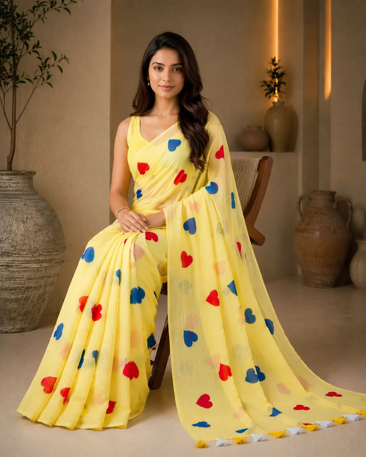 PASTAL YELLOW HEART MUL COTTON SAREE