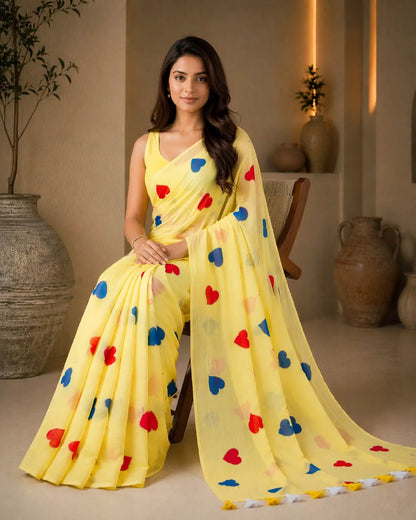 PASTAL YELLOW HEART MUL COTTON SAREE