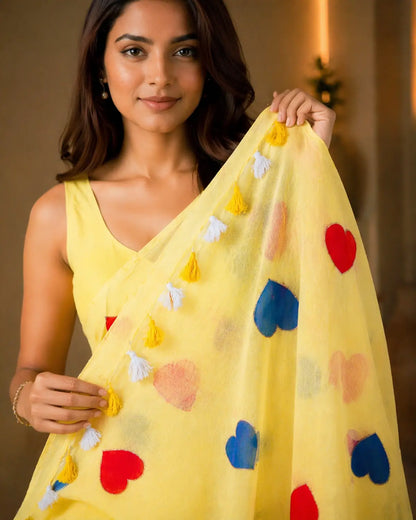 PASTAL YELLOW HEART MUL COTTON SAREE