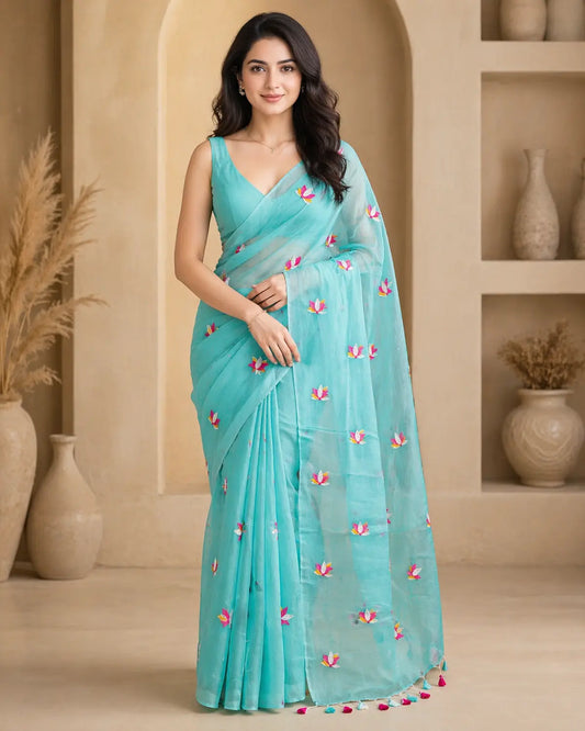SKY BLUE LOTUS EMBROIDERED MUL COTTON SAREE