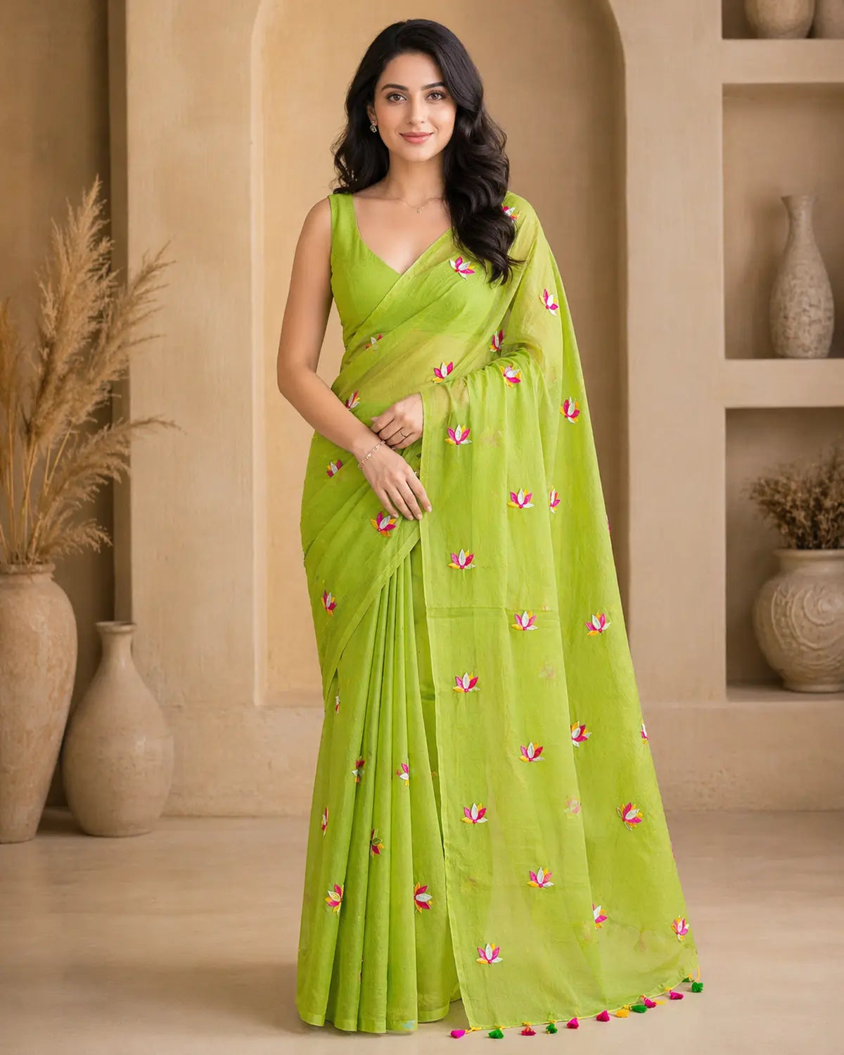 PARROT GREEN LOTUS EMBROIDERED MUL COTTON SAREE