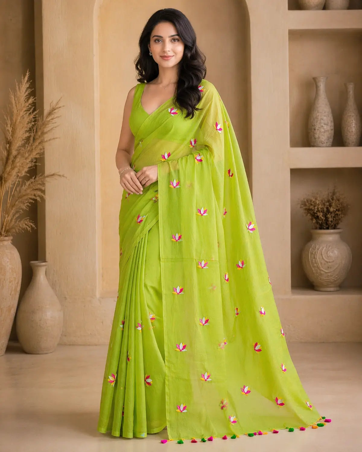 PARROT GREEN LOTUS EMBROIDERED MUL COTTON SAREE