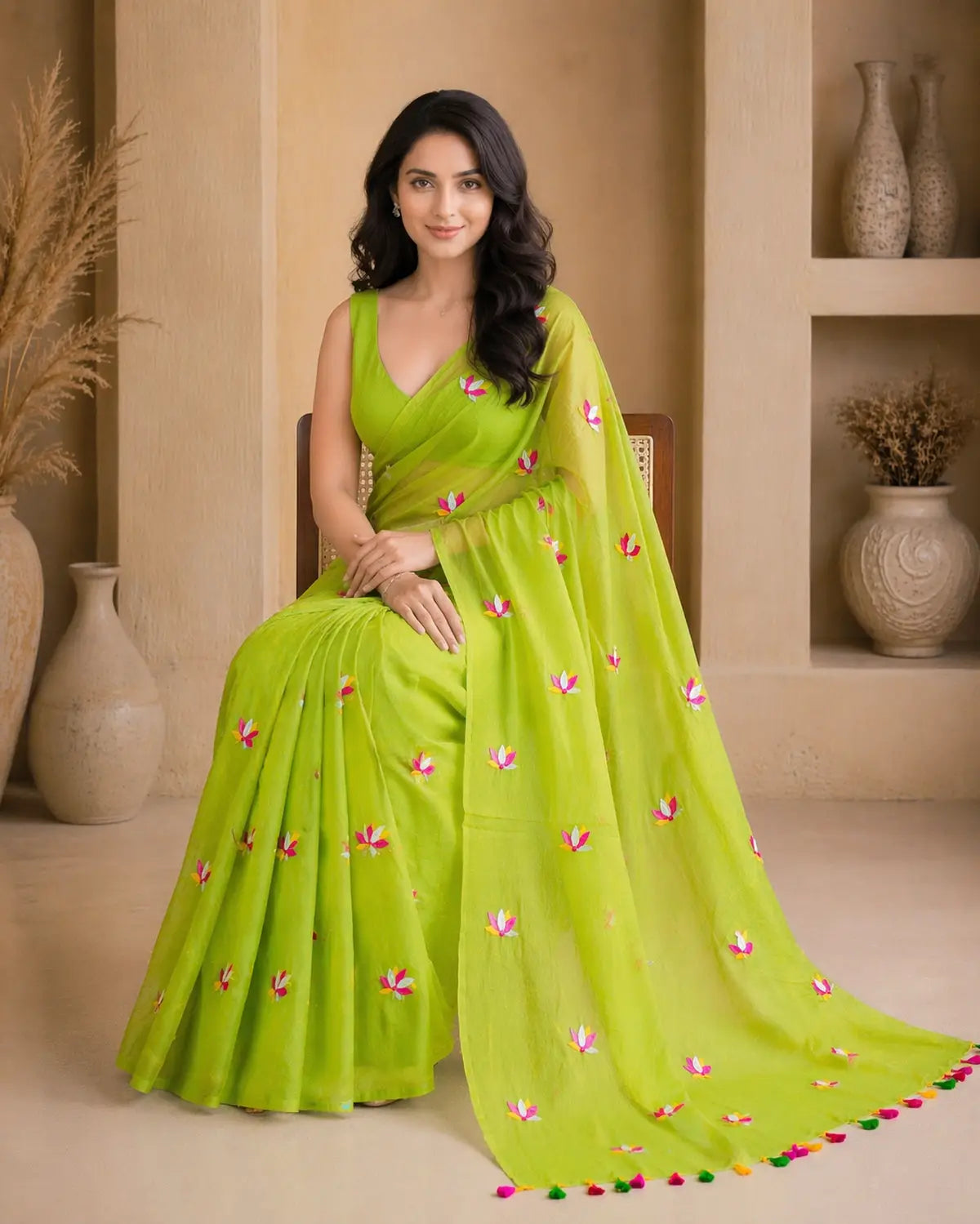 PARROT GREEN LOTUS EMBROIDERED MUL COTTON SAREE