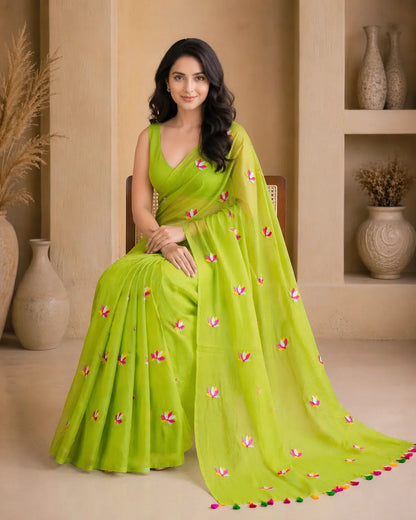 PARROT GREEN LOTUS EMBROIDERED MUL COTTON SAREE