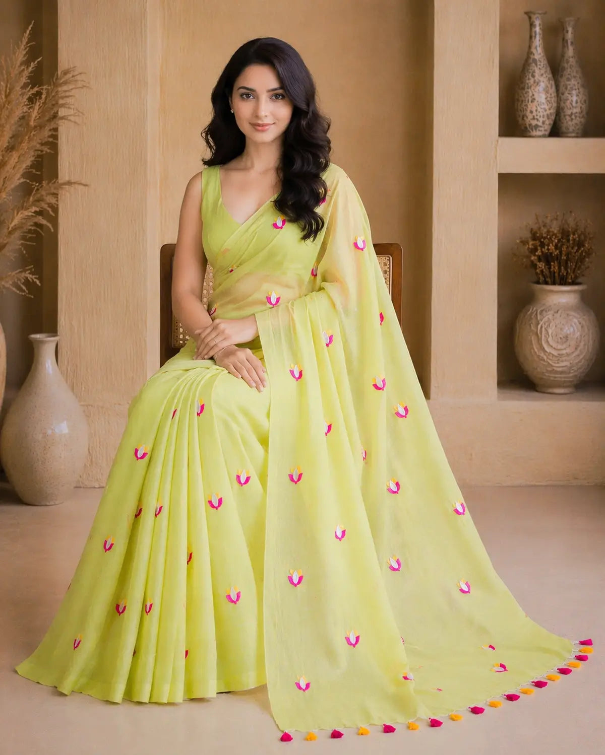 LIME LOTUS EMBROIDERED MUL COTTON SAREE