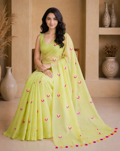 LIME LOTUS EMBROIDERED MUL COTTON SAREE