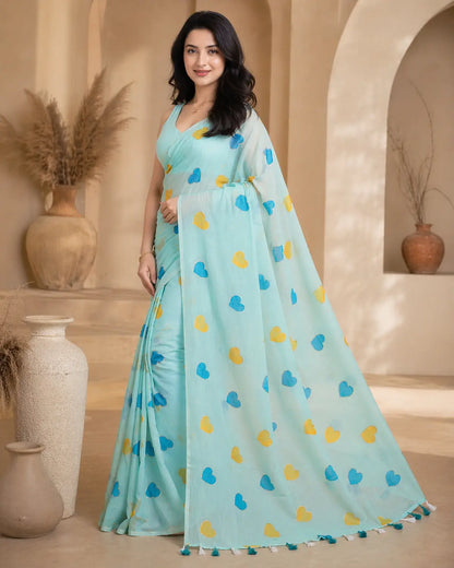TORQUOISE HEART MUL COTTON SAREE