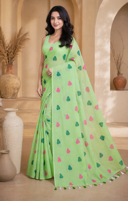 PISTA GREEN HEART MUL COTTON SAREE