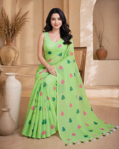 PISTA GREEN HEART MUL COTTON SAREE