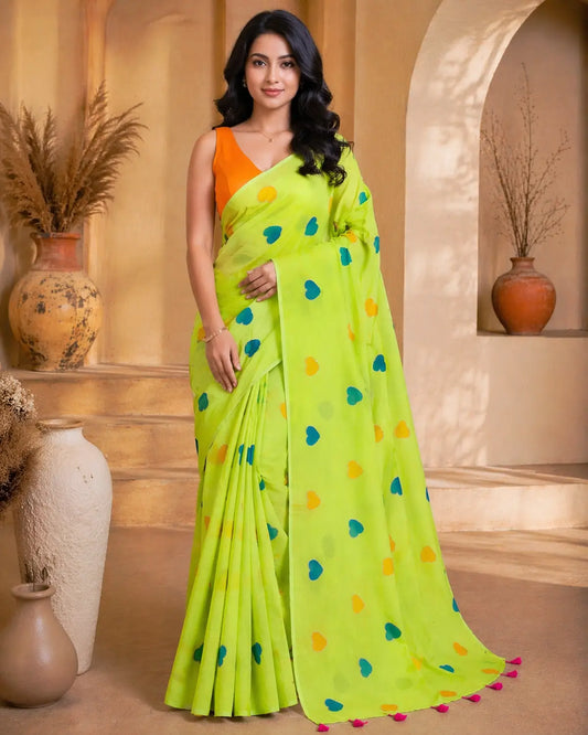 PARROT GREEN HEART MUL COTTON SAREE
