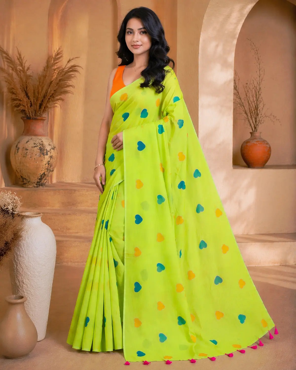 PARROT GREEN HEART MUL COTTON SAREE
