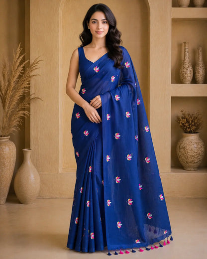 BLUE LOTUS EMBROIDERED MUL COTTON SAREE