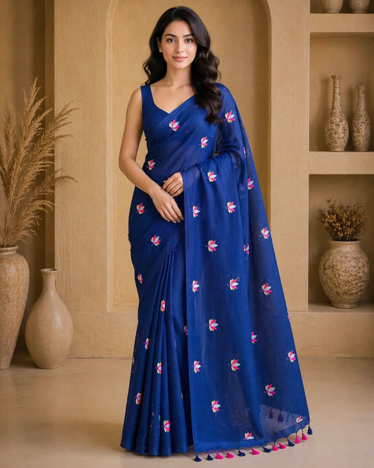 BLUE LOTUS EMBROIDERED MUL COTTON SAREE