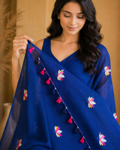 BLUE LOTUS EMBROIDERED MUL COTTON SAREE