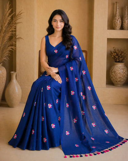 BLUE LOTUS EMBROIDERED MUL COTTON SAREE