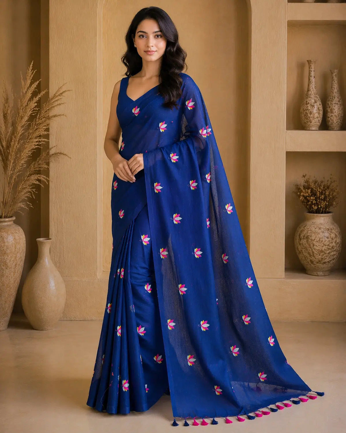 BLUE LOTUS EMBROIDERED MUL COTTON SAREE