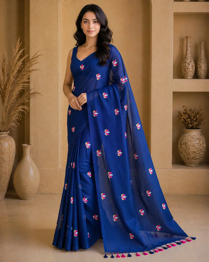 BLUE LOTUS EMBROIDERED MUL COTTON SAREE