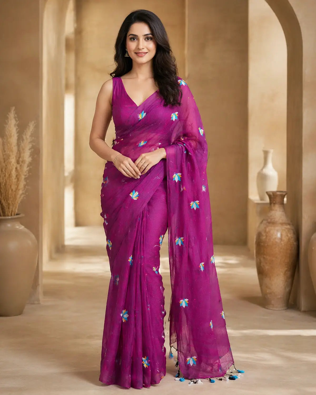 JAMUNI LOTUS EMBROIDERED MUL COTTON SAREE
