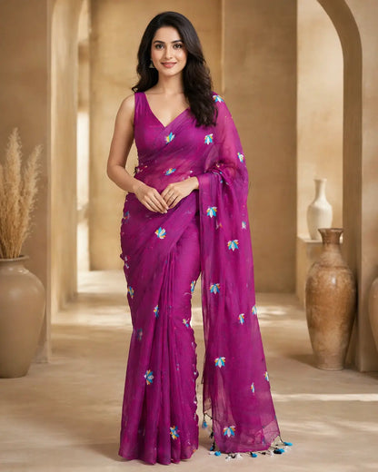 JAMUNI LOTUS EMBROIDERED MUL COTTON SAREE