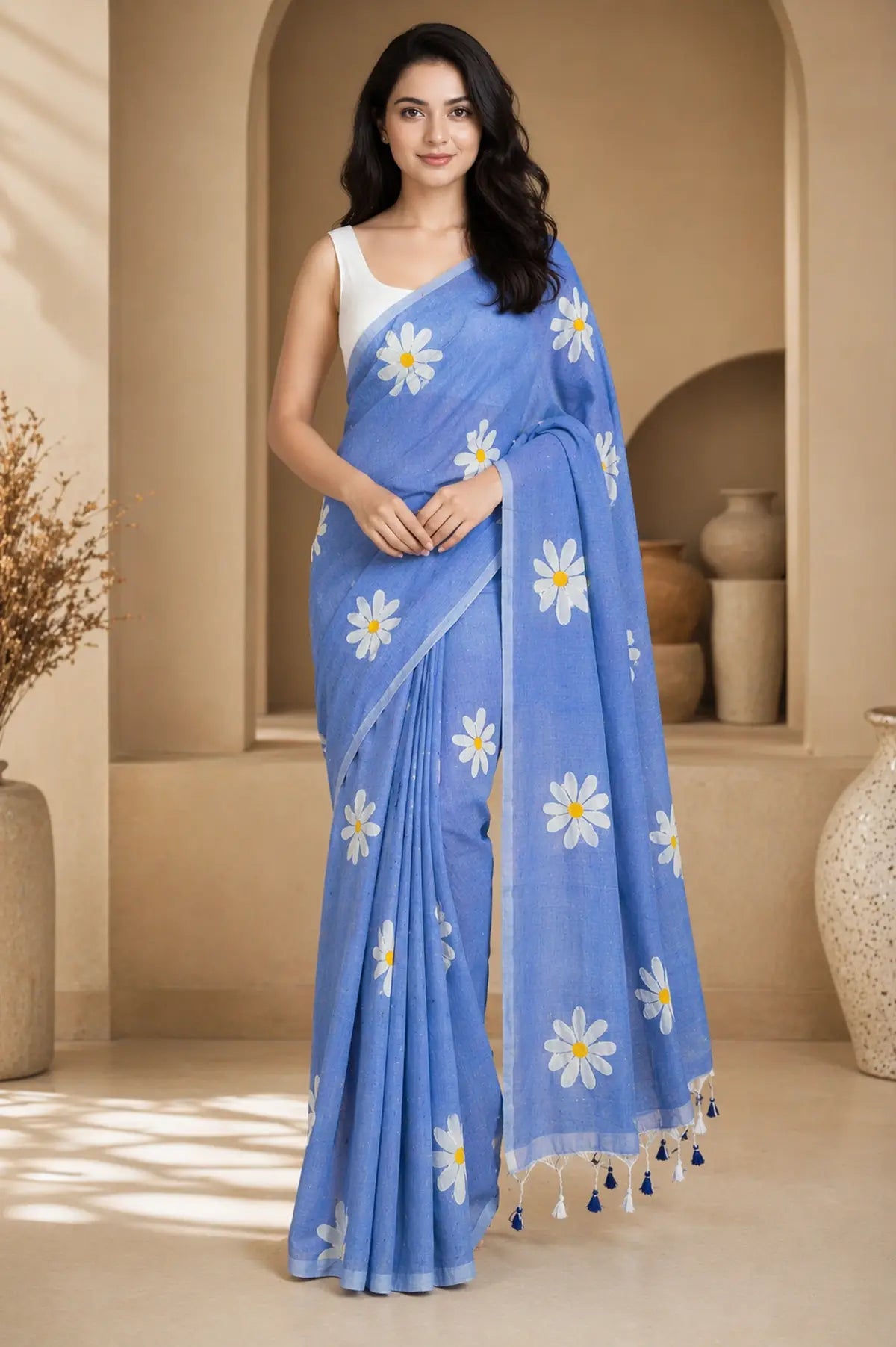 PURPLE FLORAL HAND PAINTED MUL COTTON SAREE