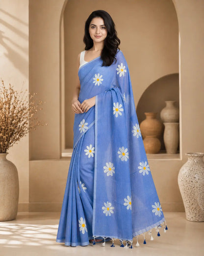 PURPLE FLORAL HAND PAINTED MUL COTTON SAREE
