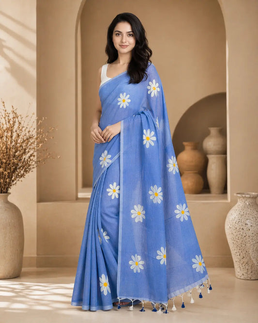 PURPLE FLORAL HAND PAINTED MUL COTTON SAREE