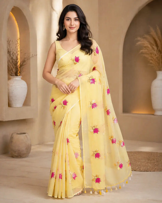 PASTAL YELLOW LOTUS SITARA MUL COTTON SAREE