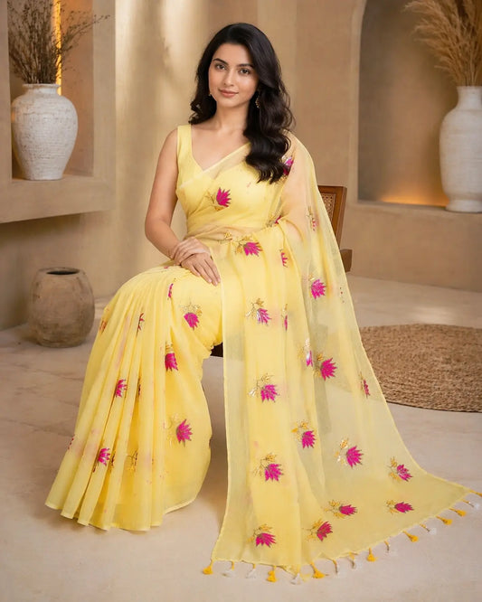 PASTAL YELLOW LOTUS SITARA MUL COTTON SAREE