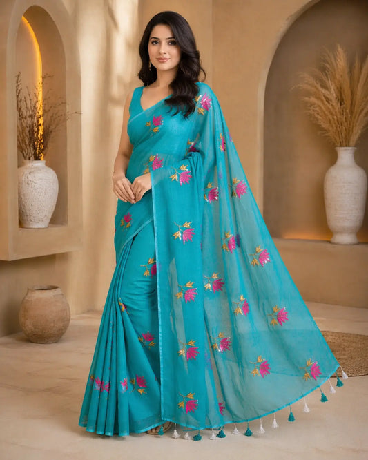 TORQUOISE LOTUS SITARA MUL COTTON SAREE