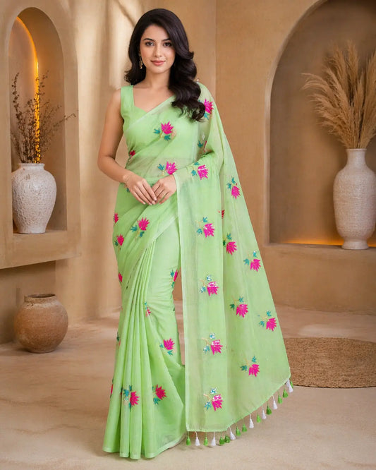 PISTA GREEN LOTUS SITARA MUL COTTON SAREE