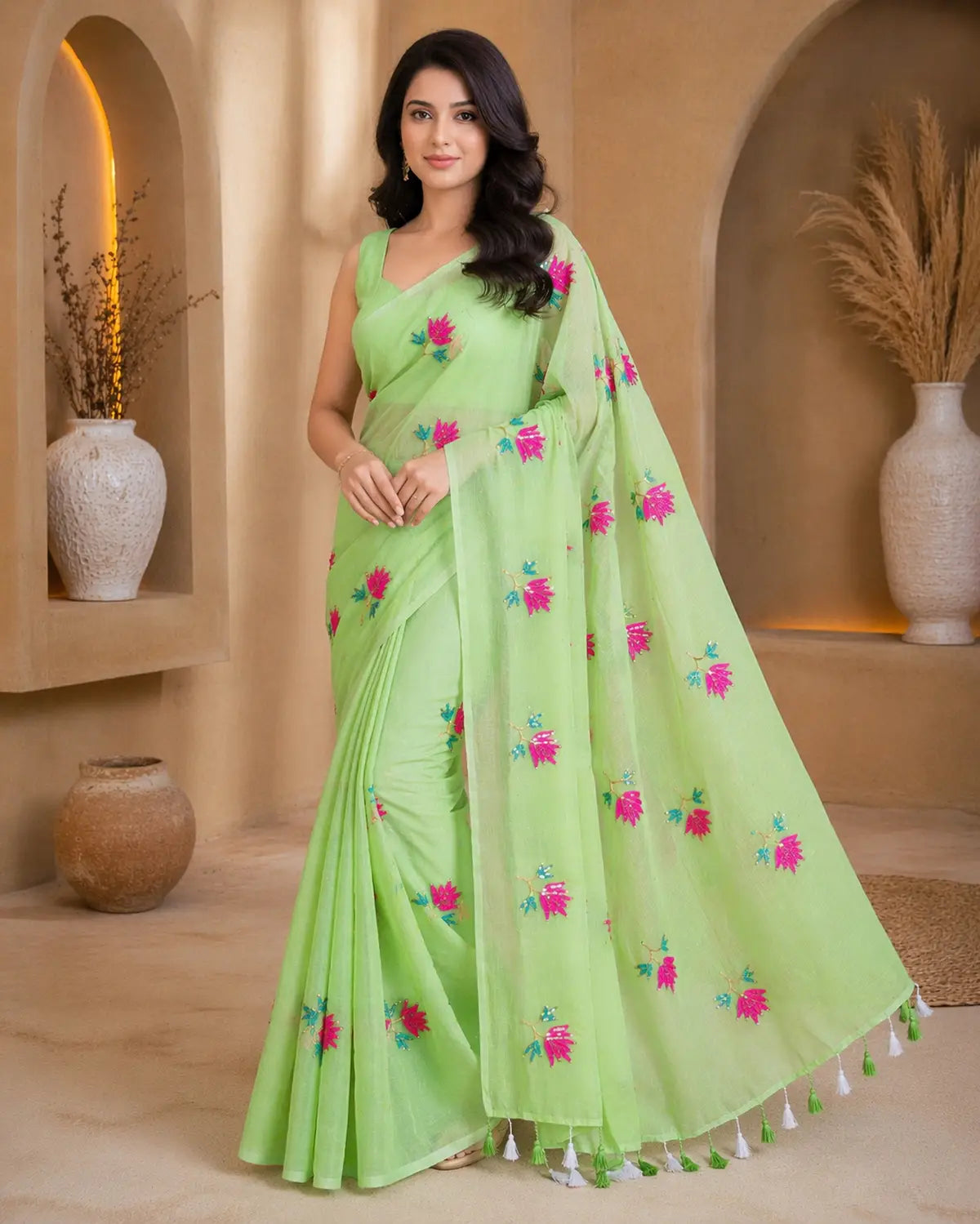 PISTA GREEN LOTUS SITARA MUL COTTON SAREE