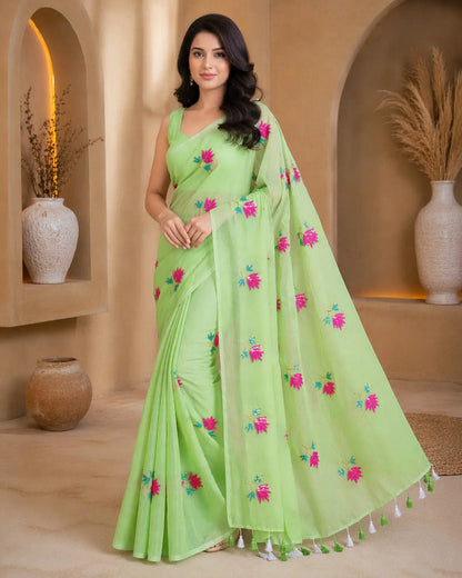 PISTA GREEN LOTUS SITARA MUL COTTON SAREE