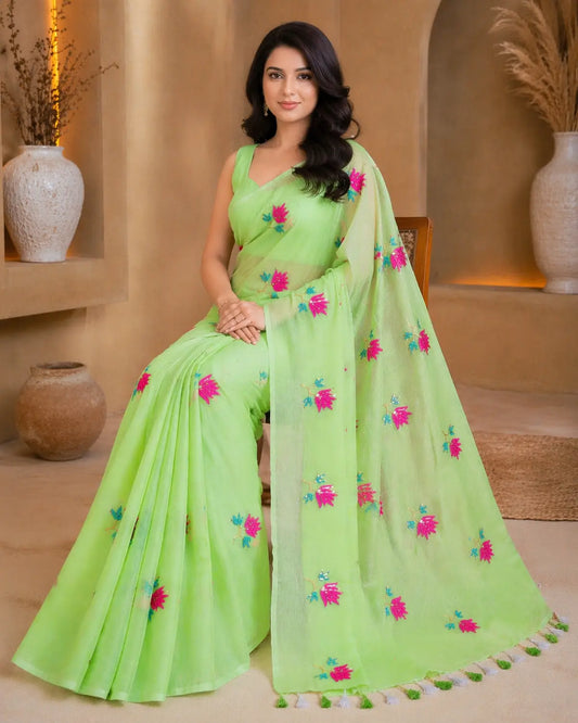 PISTA GREEN LOTUS SITARA MUL COTTON SAREE