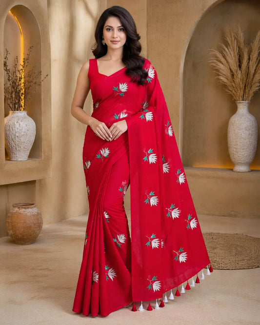 RED LOTUS SITARA MUL COTTON SAREE