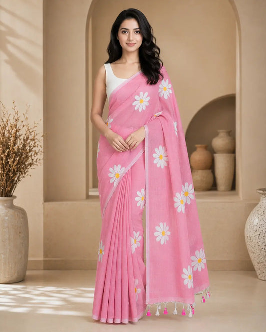 BABY PINK FLORAL HAND PAINTED MUL COTTON SAREE