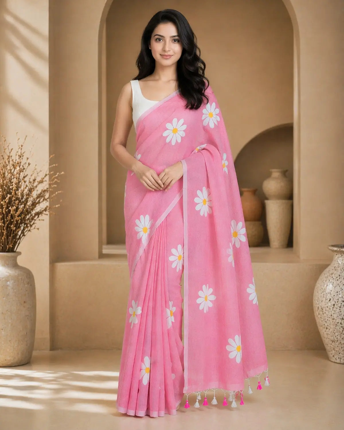 BABY PINK FLORAL HAND PAINTED MUL COTTON SAREE