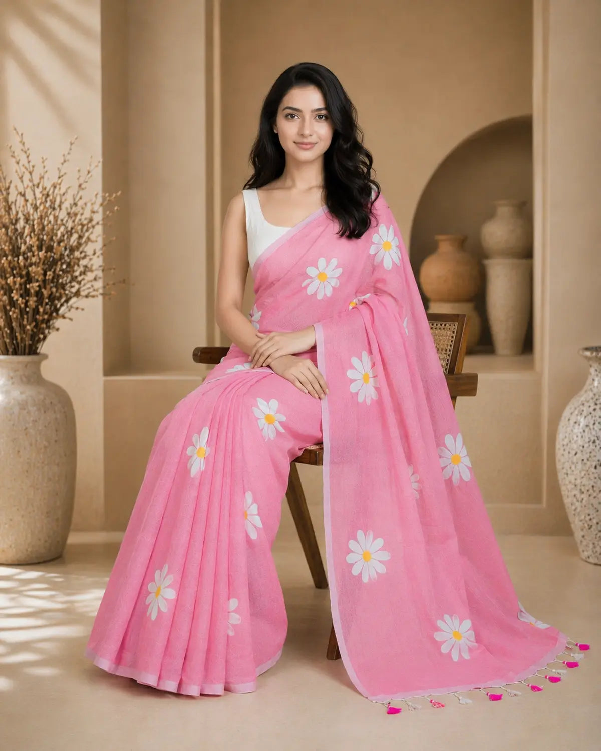 BABY PINK FLORAL HAND PAINTED MUL COTTON SAREE