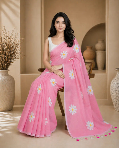 BABY PINK FLORAL HAND PAINTED MUL COTTON SAREE