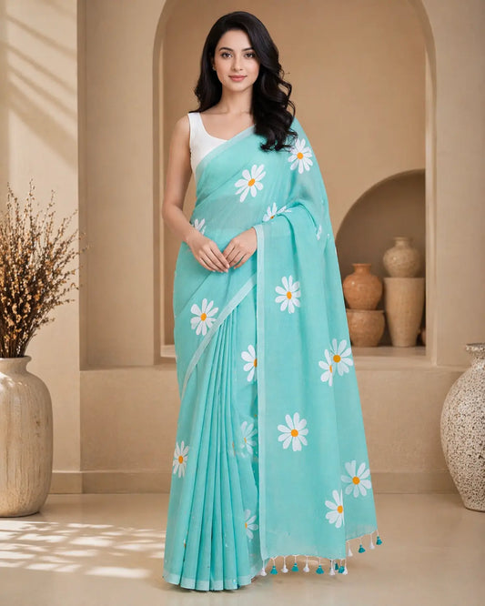 TURQUOISE BLUE FLORAL HAND PAINTED MUL COTTON SAREE