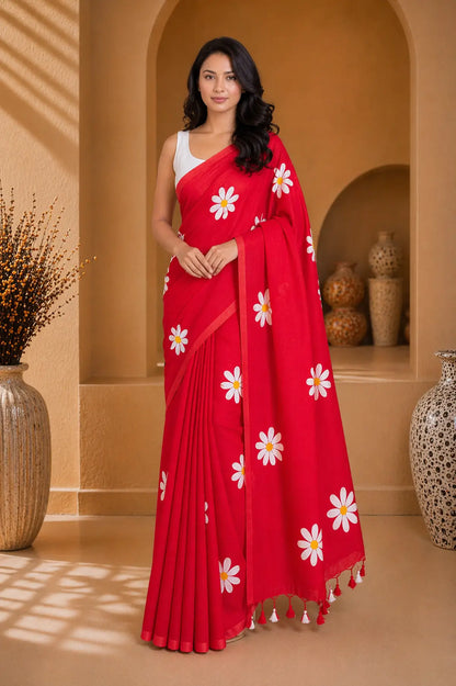 RED FLORAL HAND PAINTED MUL COTTON SAREE