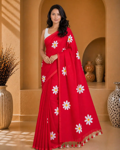 RED FLORAL HAND PAINTED MUL COTTON SAREE