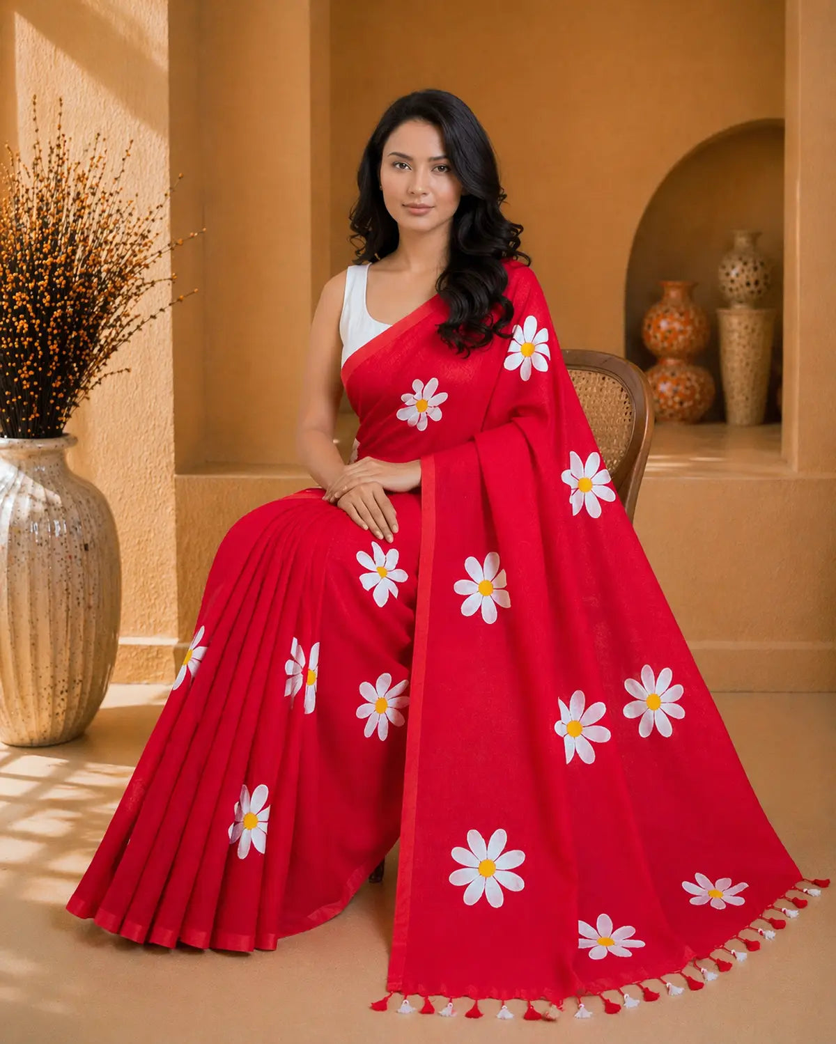 RED FLORAL HAND PAINTED MUL COTTON SAREE