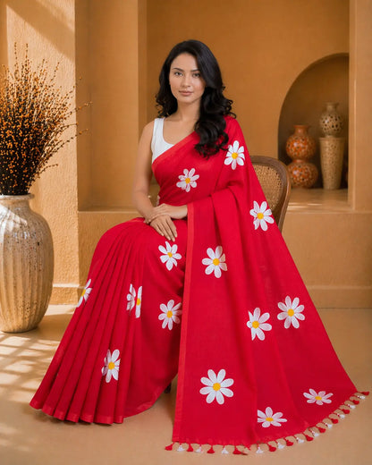 RED FLORAL HAND PAINTED MUL COTTON SAREE