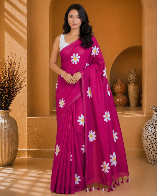 MAGENTA FLORAL HAND PAINTED MUL COTTON SAREE
