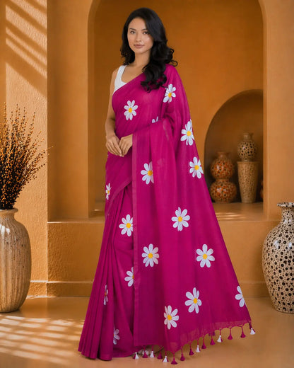 MAGENTA FLORAL HAND PAINTED MUL COTTON SAREE