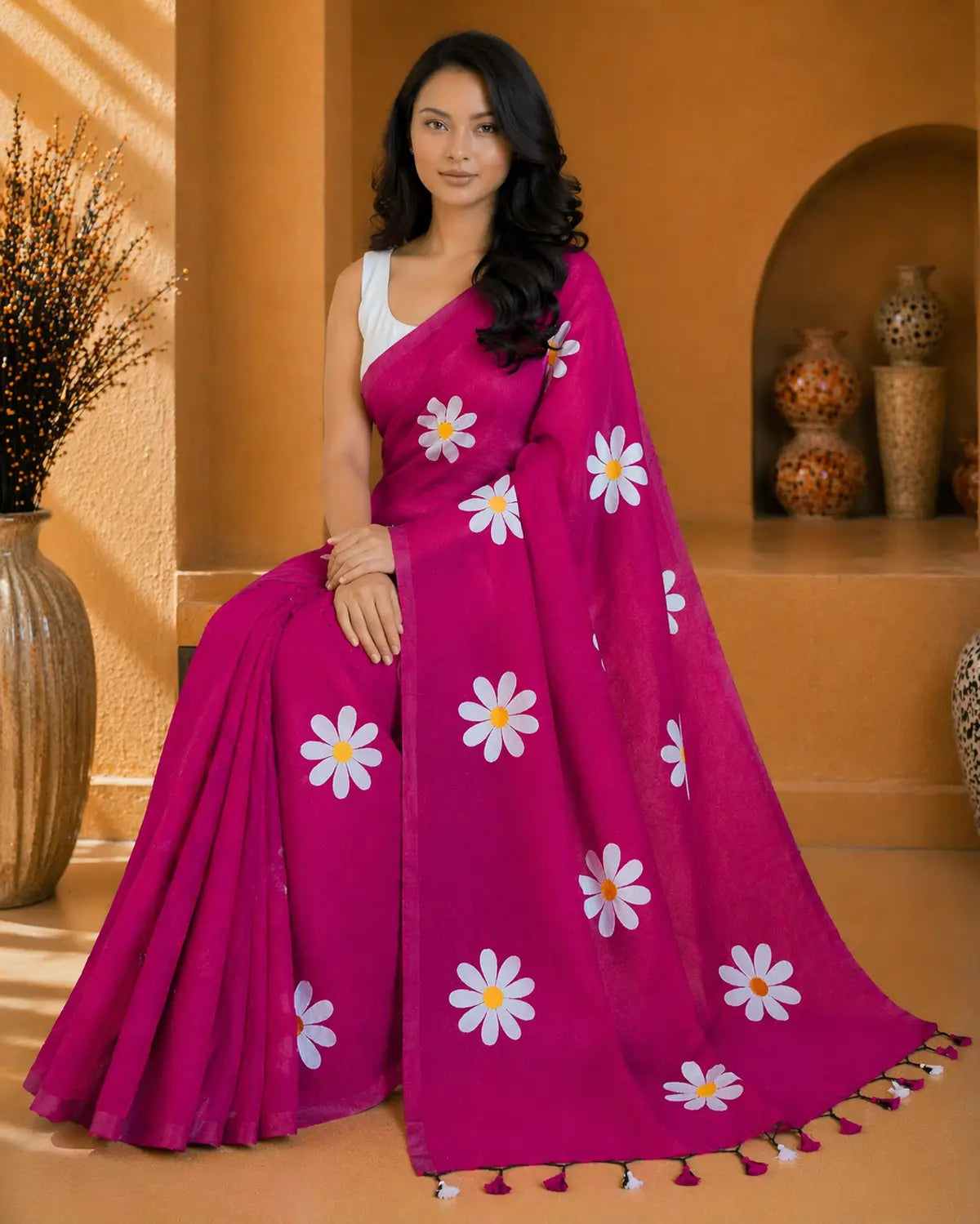 MAGENTA FLORAL HAND PAINTED MUL COTTON SAREE