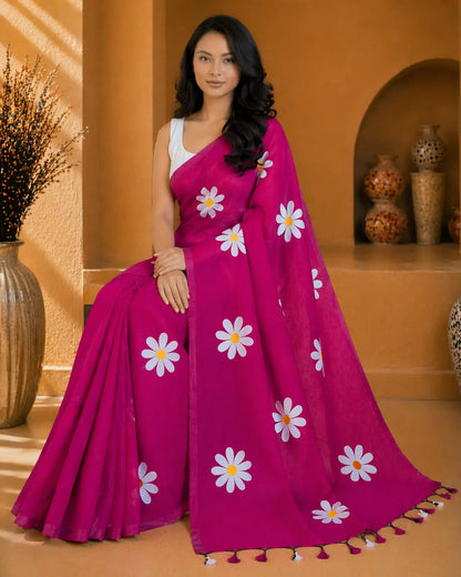 MAGENTA FLORAL HAND PAINTED MUL COTTON SAREE